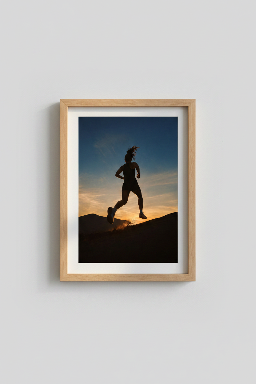 Silhouette wall art | Desert sunset tones, athletic energy | Living Room Decor