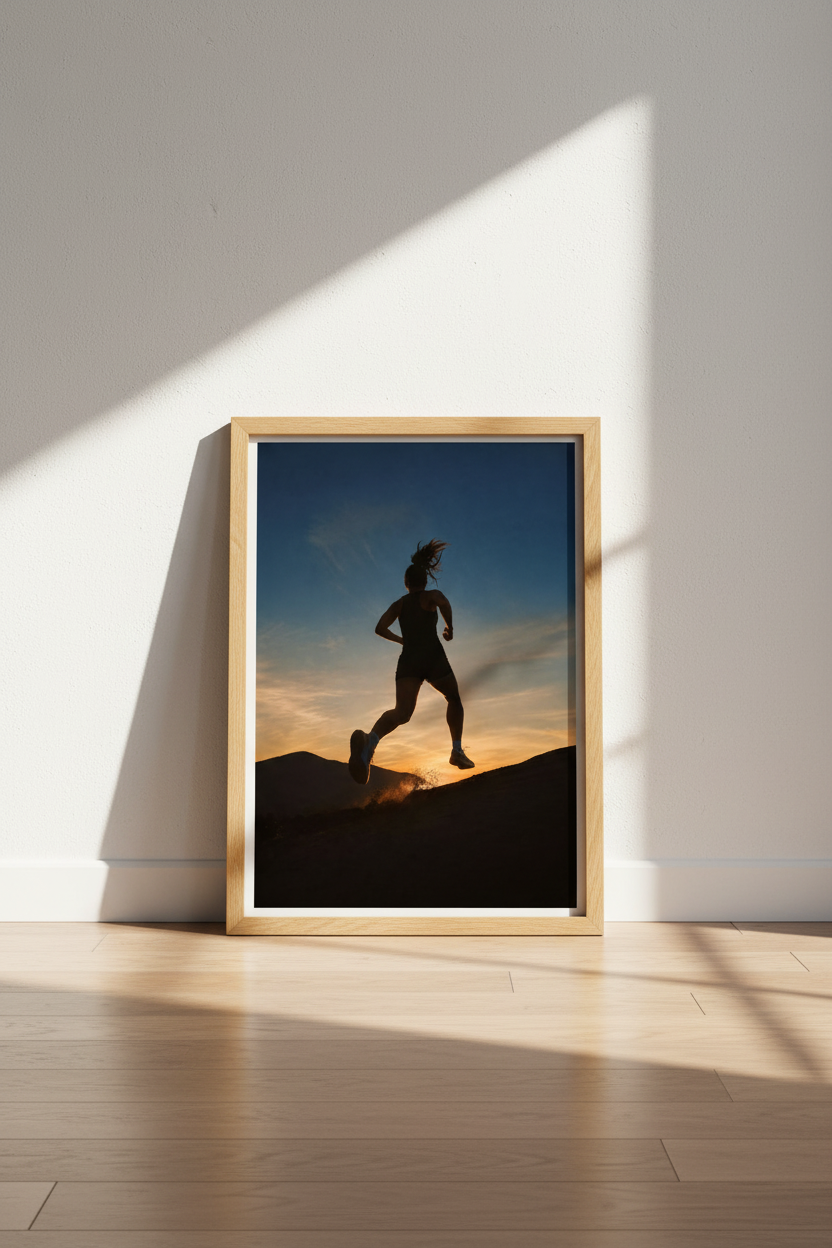 Silhouette wall art | Desert sunset tones, athletic energy | Living Room Decor