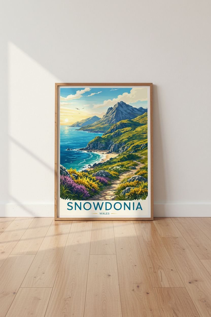 Snowdonia Wales Travel Poster | Coastal Mountain Landscape Wall Art | Vintage Nature Print