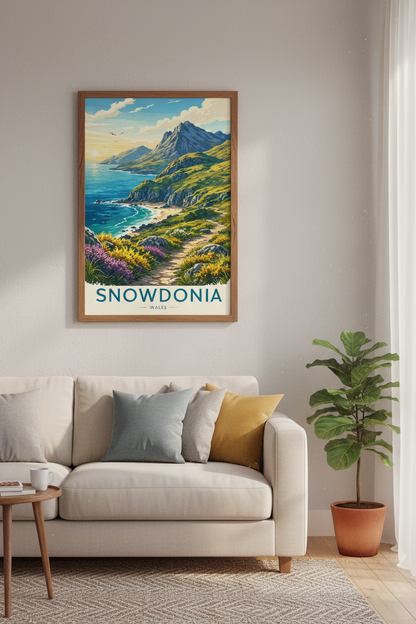 Snowdonia Wales Travel Poster | Coastal Mountain Landscape Wall Art | Vintage Nature Print