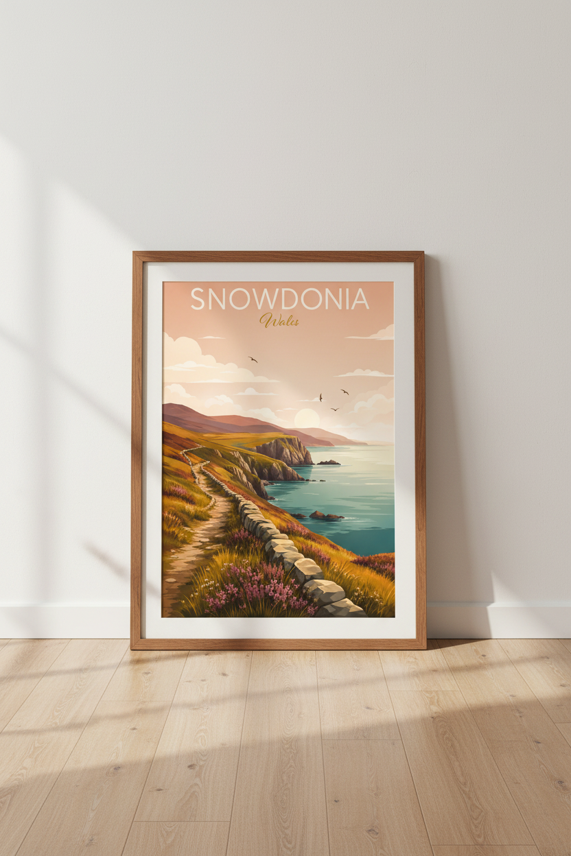 Snowdonia Wales Travel Poster | Coastal Landscape Wall Art | Vintage Aesthetic Print