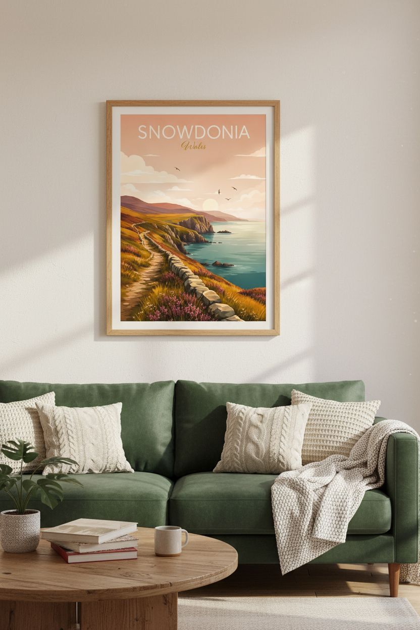 Snowdonia Wales Travel Poster | Coastal Landscape Wall Art | Vintage Aesthetic Print