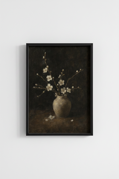 White Blossom Oil Painting | Moody Floral Still Life Art, Dark Academia Decor
