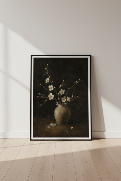White Blossom Oil Painting | Moody Floral Still Life Art, Dark Academia Decor