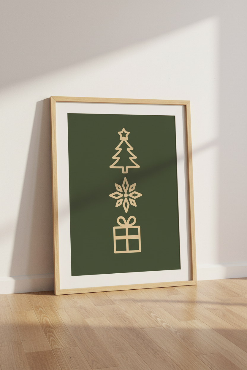 Minimalist Christmas Icons Art | Green &amp; Gold Holiday Decor, Modern Festive Poster