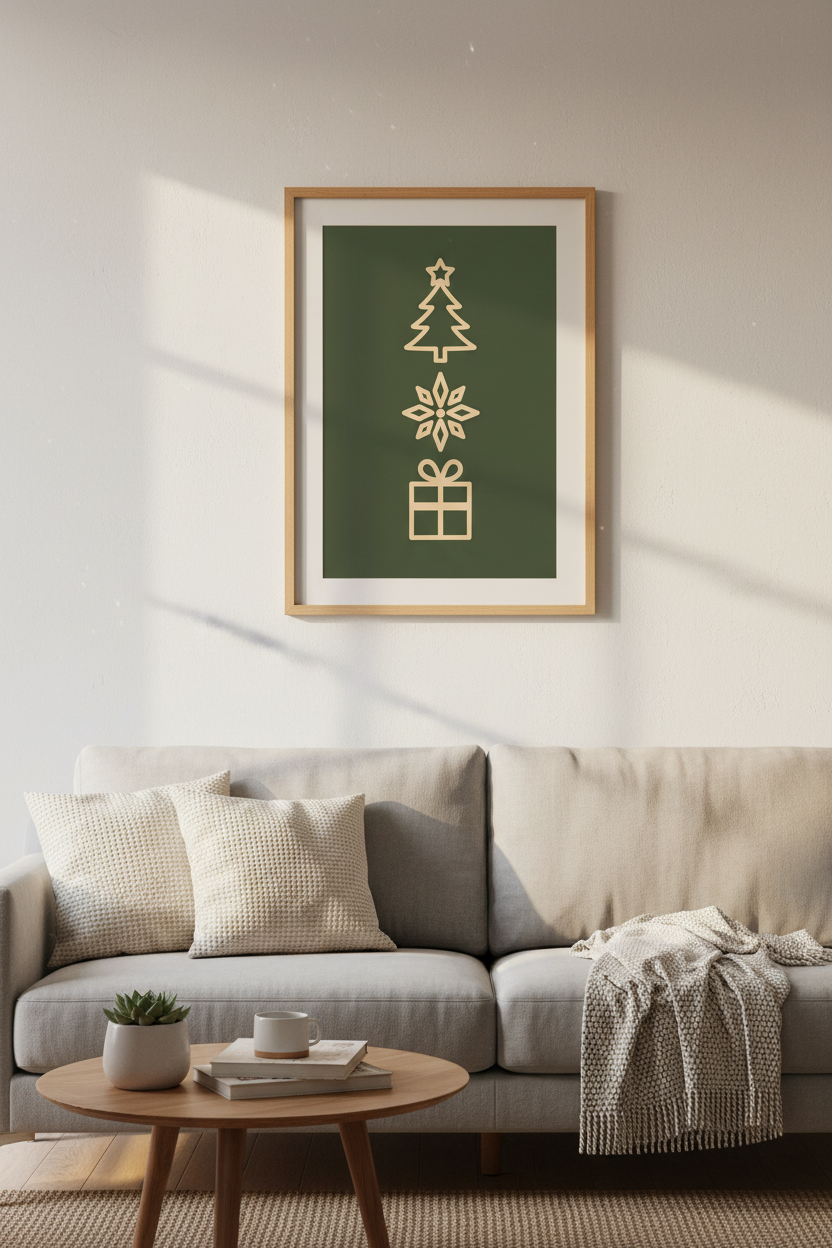 Minimalist Christmas Icons Art | Green &amp; Gold Holiday Decor, Modern Festive Poster