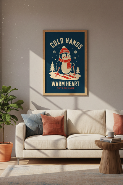 Skiing Penguin Wall Art | Retro Nursery Decor | Cold Hands Warm Heart Poster