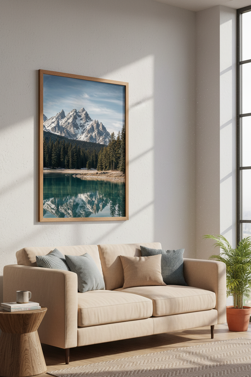 Snowy Mountain Lake Landscape | Nature Wall Art, Cabin Decor Aesthetic Poster