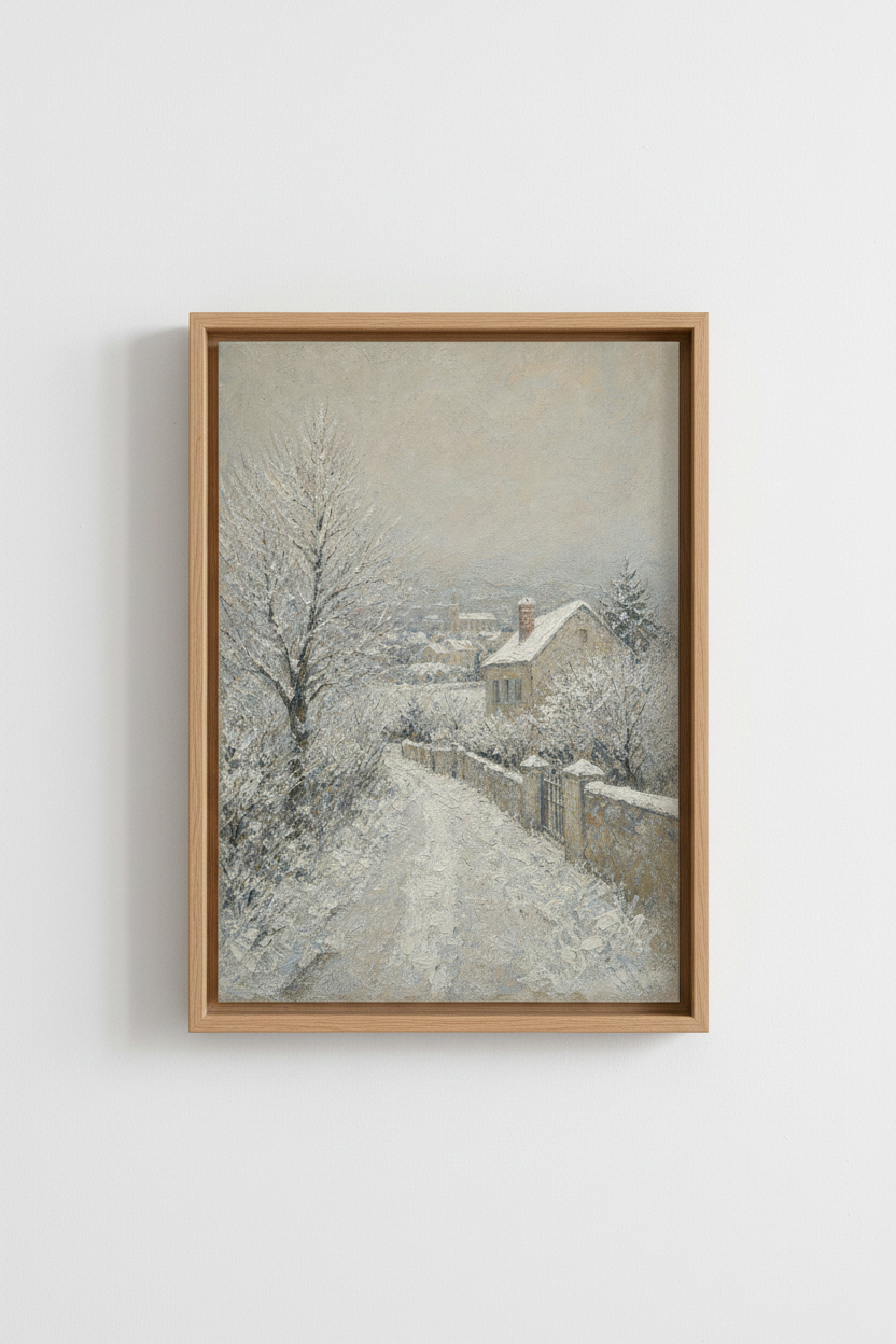 Winter Village Landscape | Impressionist Snowy Lane Wall Art, Neutral Farmhouse Decor