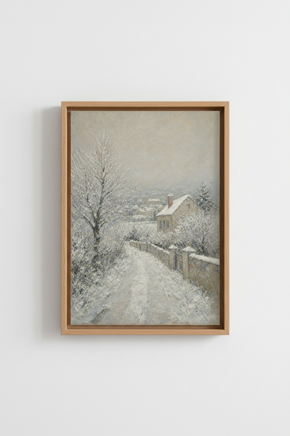 Winter Village Landscape | Impressionist Snowy Lane Wall Art, Neutral Farmhouse Decor