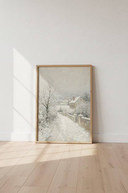 Winter Village Landscape | Impressionist Snowy Lane Wall Art, Neutral Farmhouse Decor