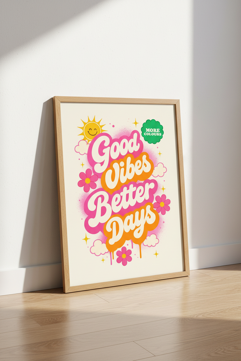 Good Vibes Better Days Wall Art | Retro Pink Orange Poster | Groovy Room Decor