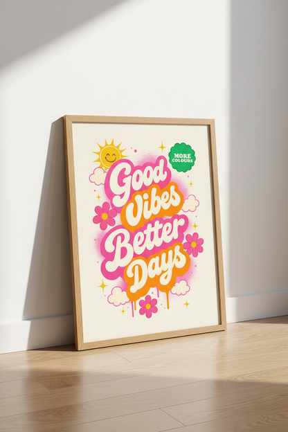 Good Vibes Better Days Wall Art | Retro Pink Orange Poster | Groovy Room Decor