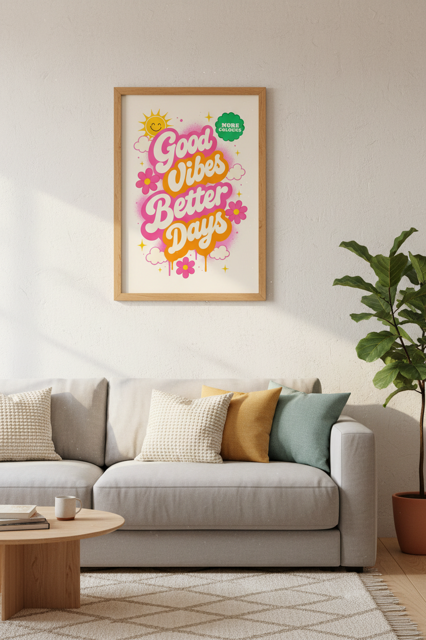 Good Vibes Better Days Wall Art | Retro Pink Orange Poster | Groovy Room Decor