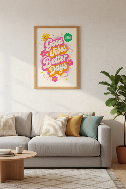 Good Vibes Better Days Wall Art | Retro Pink Orange Poster | Groovy Room Decor