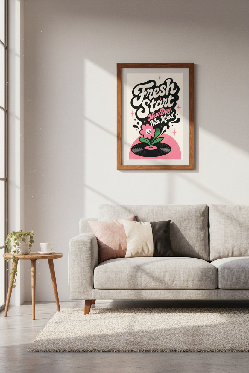 Retro Fresh Start Wall Art | Pink Dopamine Decor, Groovy Flower Poster