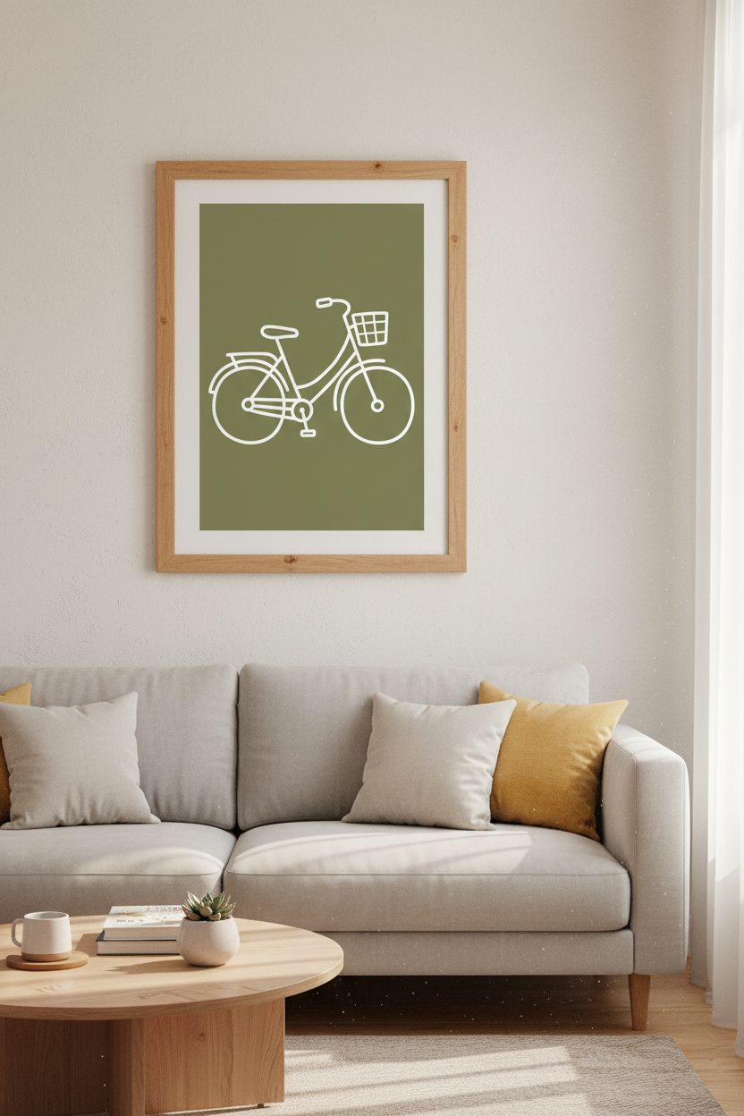 Bicycle Line Art Print | Sage Green Minimalist Poster | Modern Home Decor