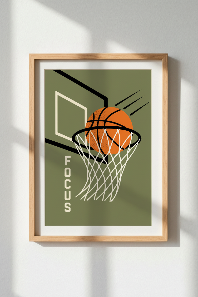 Basketball Focus Wall Art | Retro Sage Green Sports Poster, Boy Bedroom Decor