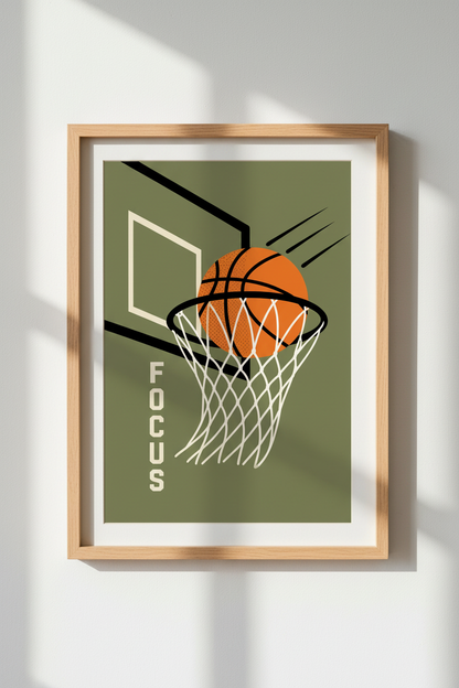 Basketball Focus Wall Art | Retro Sage Green Sports Poster, Boy Bedroom Decor