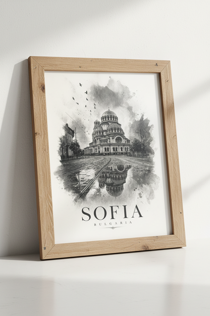 Sofia Bulgaria Wall Art | Black and White Watercolor Poster, Cathedral Decor
