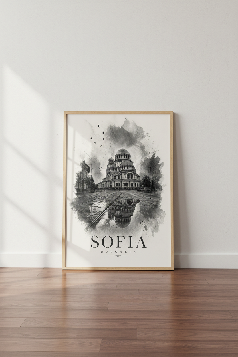 Sofia Bulgaria Wall Art | Black and White Watercolor Poster, Cathedral Decor