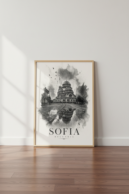 Sofia Bulgaria Wall Art | Black and White Watercolor Poster, Cathedral Decor