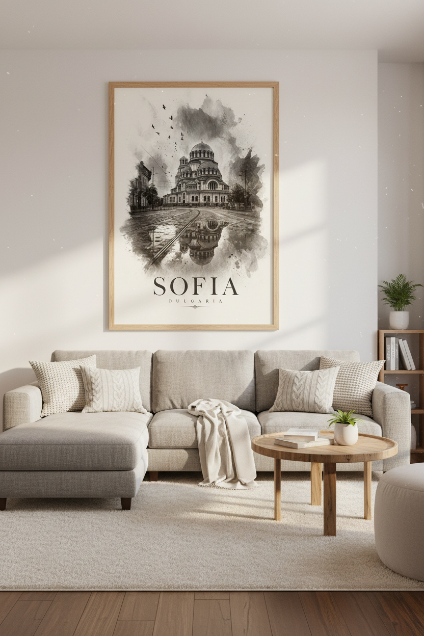 Sofia Bulgaria Wall Art | Black and White Watercolor Poster, Cathedral Decor