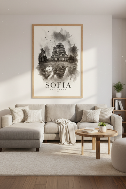 Sofia Bulgaria Wall Art | Black and White Watercolor Poster, Cathedral Decor