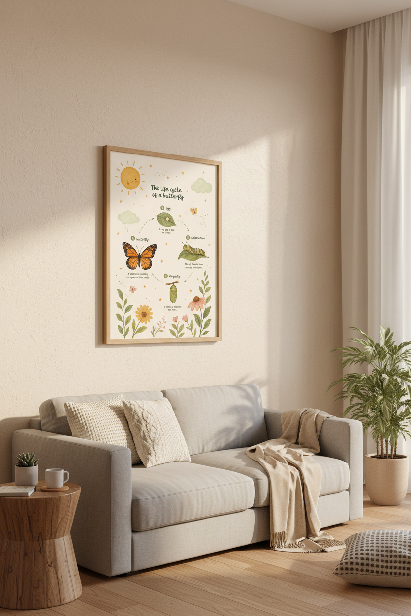Butterfly Life Cycle Wall Art | Montessori Classroom Poster, Neutral Nursery Decor