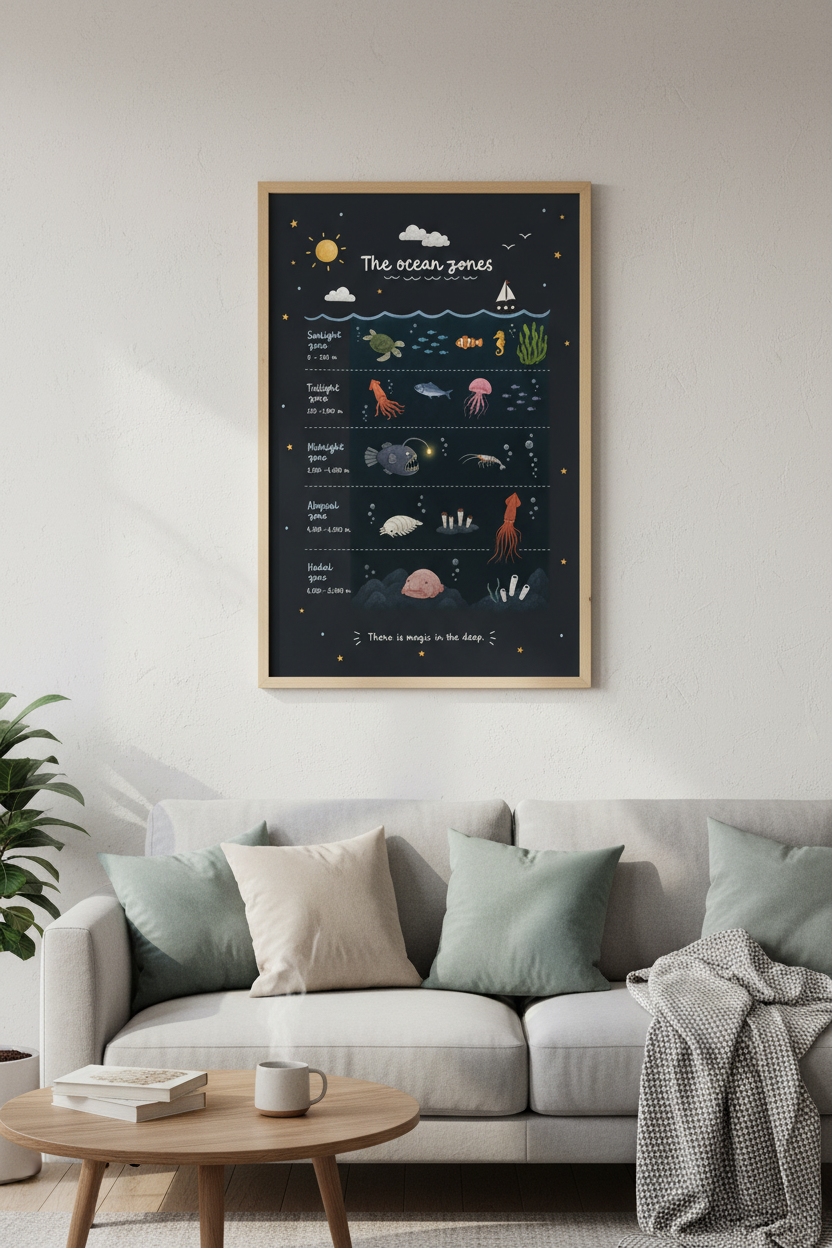 Ocean Zones Educational Wall Art | Deep Sea Marine Life, Kids Room Decor Fun Poster