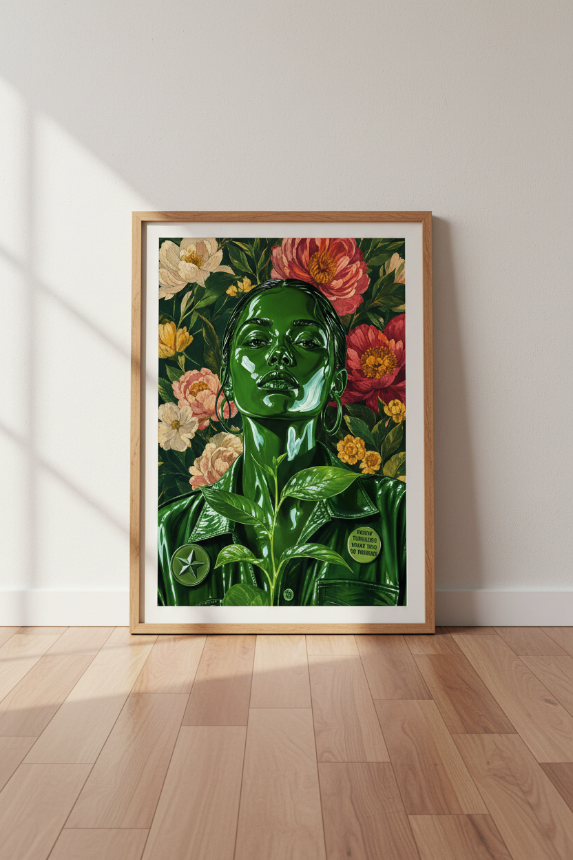 Maximalist Floral Art Print | Emerald Green Woman Poster, Moody Botanical Decor