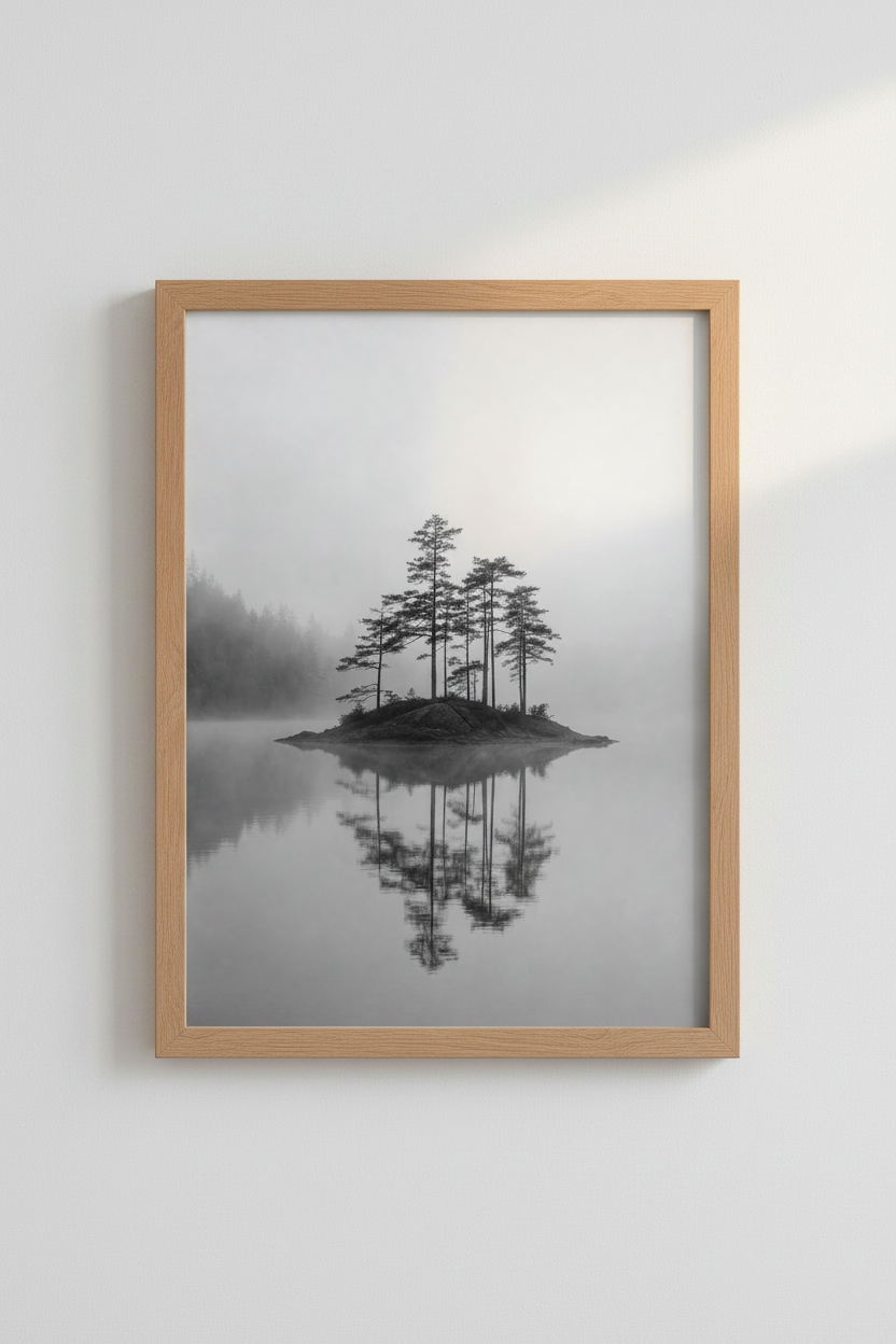 Moody Nature Wall Art Print | Black and White Misty Island Decor | Minimalist Poster