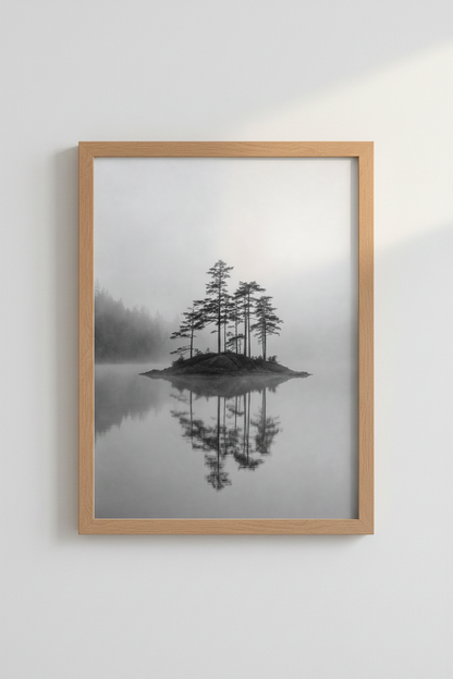 Moody Nature Wall Art Print | Black and White Misty Island Decor | Minimalist Poster