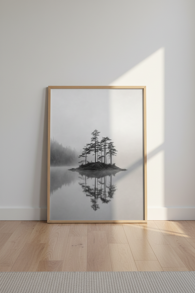 Moody Nature Wall Art Print | Black and White Misty Island Decor | Minimalist Poster