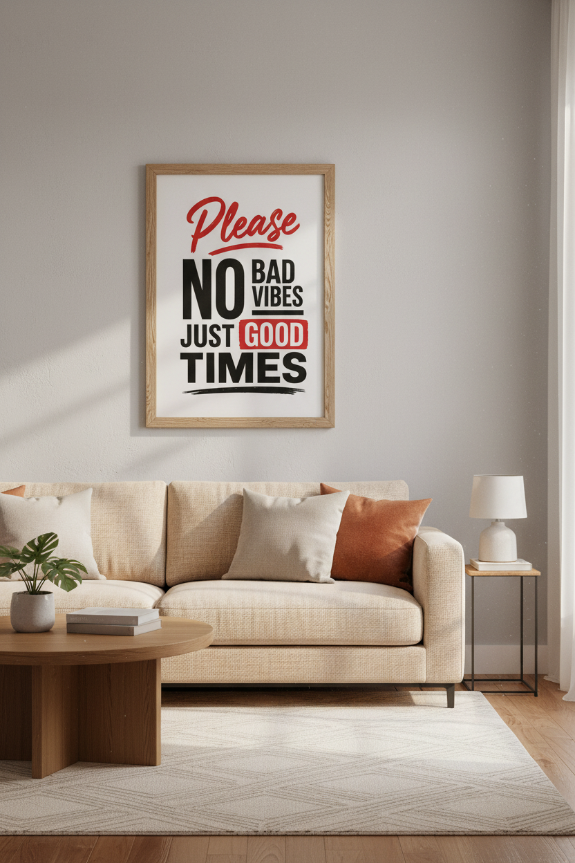 No Bad Vibes Good Times Wall Art | Red &amp; Black Typography Poster | Modern Office Decor