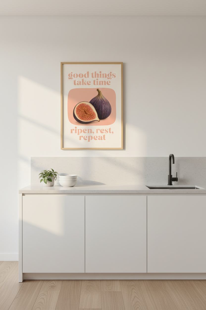 Retro Kitchen Wall Art Print | Vintage Fig Botanical Poster, Muted Pink Kitchen Decor