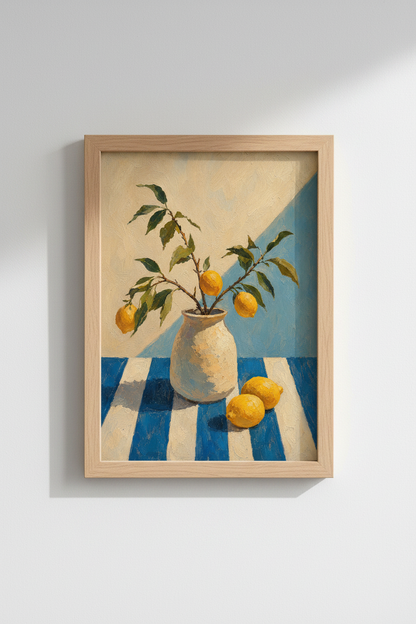 Lemon Still Life Print | Mediterranean Citrus Kitchen Decor | Blue &amp; White Poster
