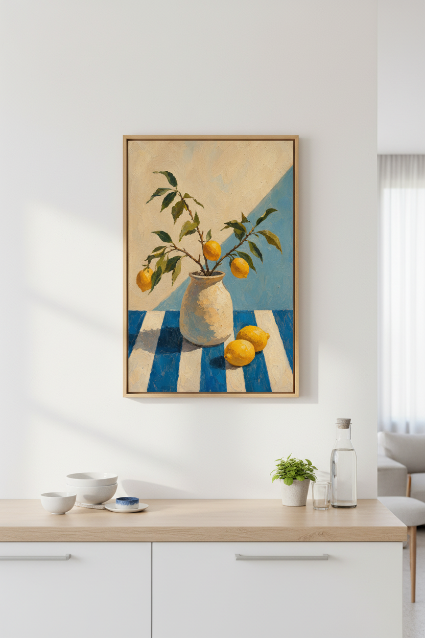 Lemon Still Life Print | Mediterranean Citrus Kitchen Decor | Blue &amp; White Poster