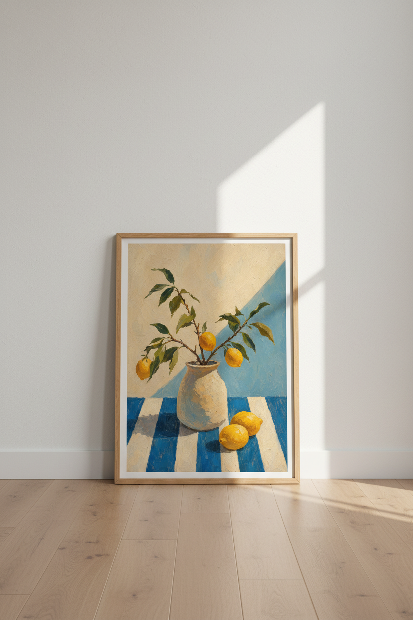 Lemon Still Life Print | Mediterranean Citrus Kitchen Decor | Blue &amp; White Poster