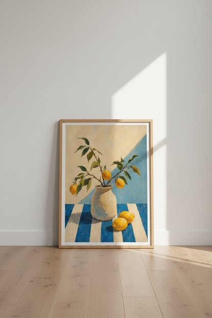 Lemon Still Life Print | Mediterranean Citrus Kitchen Decor | Blue &amp; White Poster