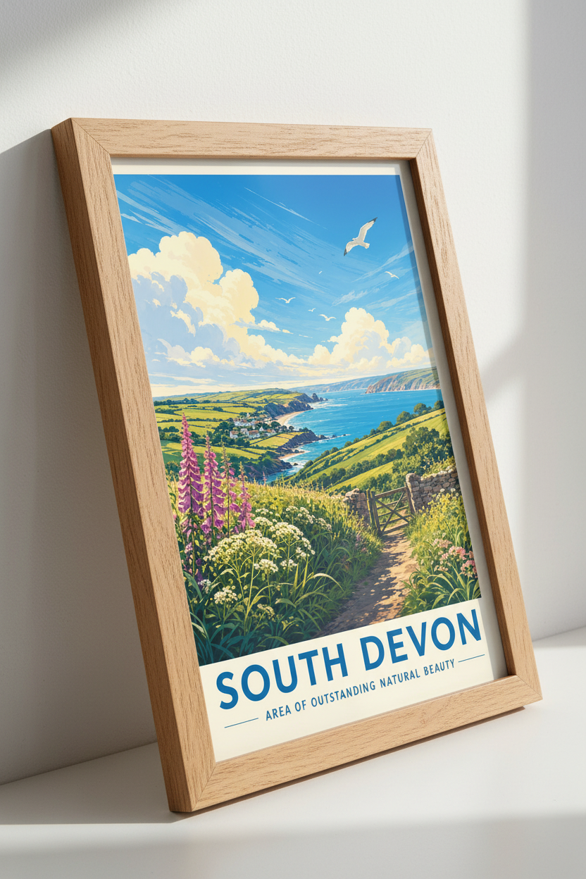 South Devon Travel Poster | Coastal Landscape Wall Art, Vintage Nature Print