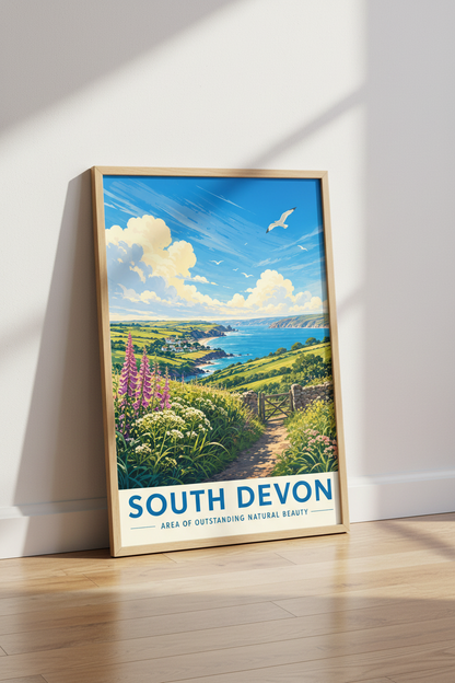 South Devon Travel Poster | Coastal Landscape Wall Art, Vintage Nature Print