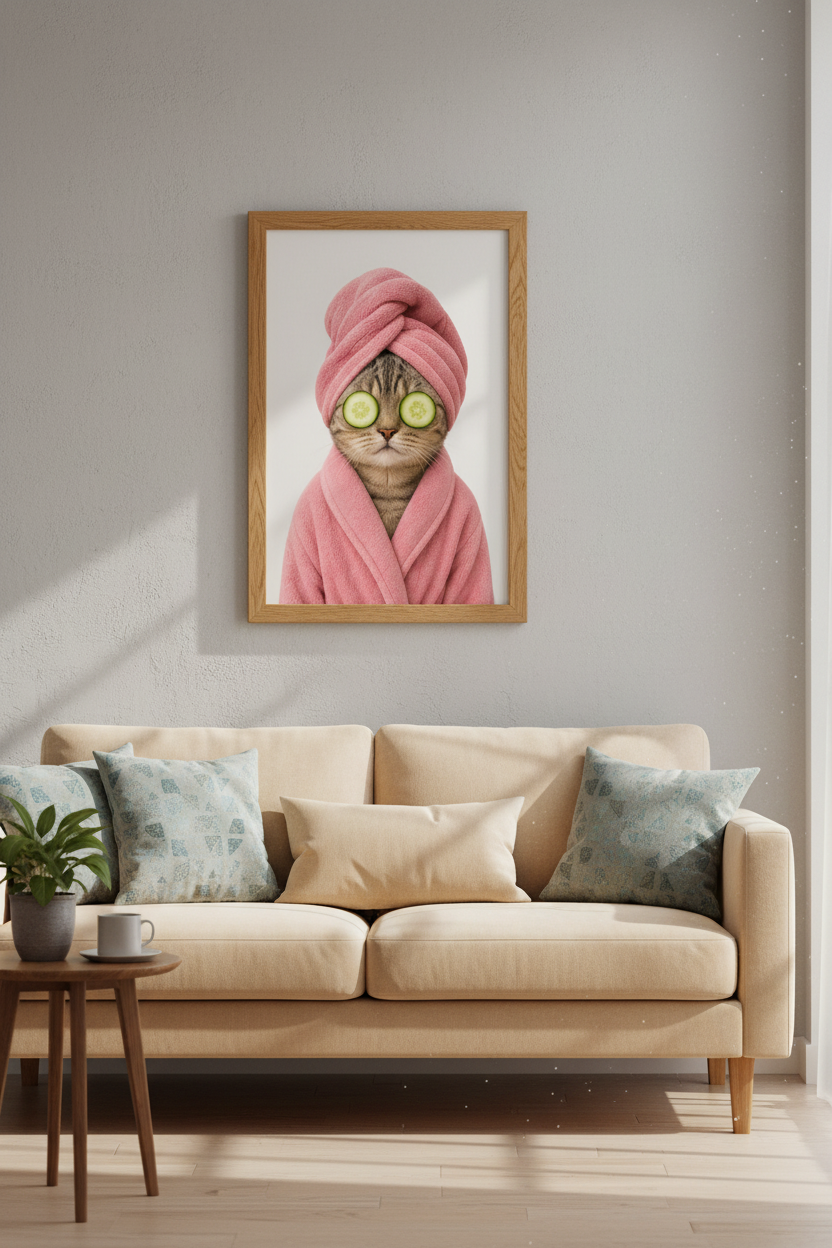 Spa Cat in Bathrobe | Funny Pink Feline Poster, Bathroom Decor &amp; Gift
