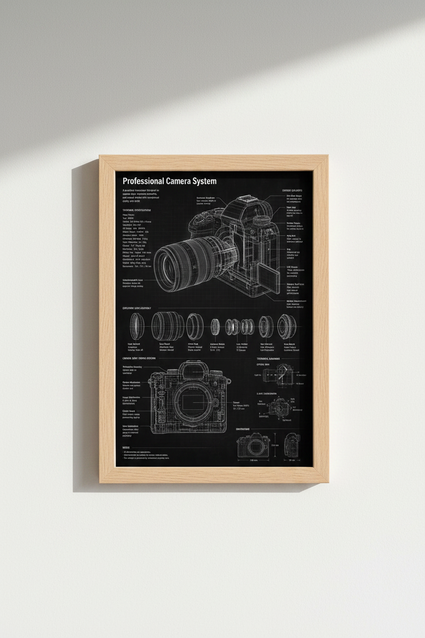Blueprint Camera | Wall Art Print | Living Room Decor | Monochrome Poster