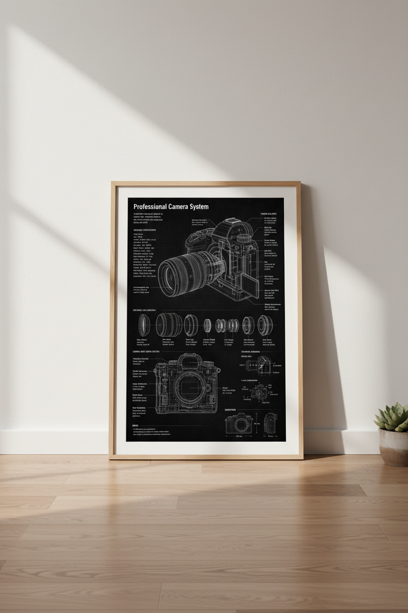 Blueprint Camera | Wall Art Print | Living Room Decor | Monochrome Poster