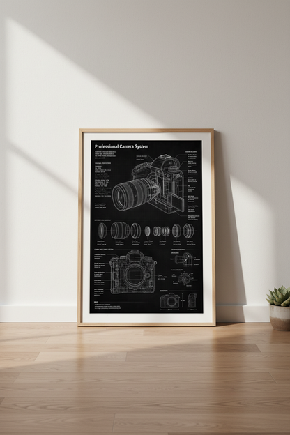 Blueprint Camera | Wall Art Print | Living Room Decor | Monochrome Poster