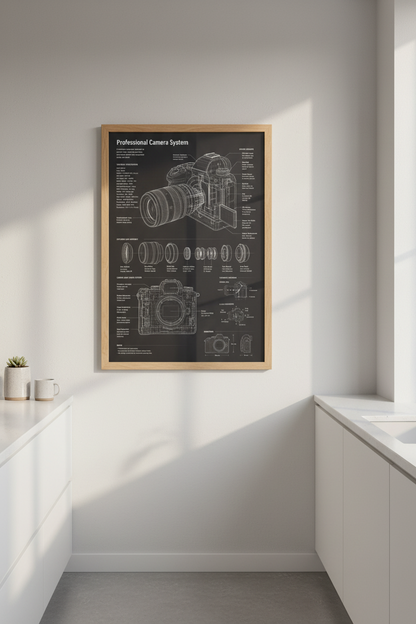Blueprint Camera | Wall Art Print | Living Room Decor | Monochrome Poster