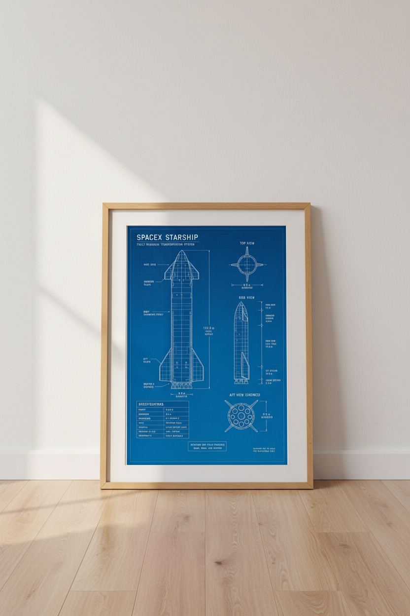 SpaceX Starship Blueprint Wall Art | Office Decor | Modern Technical Poster