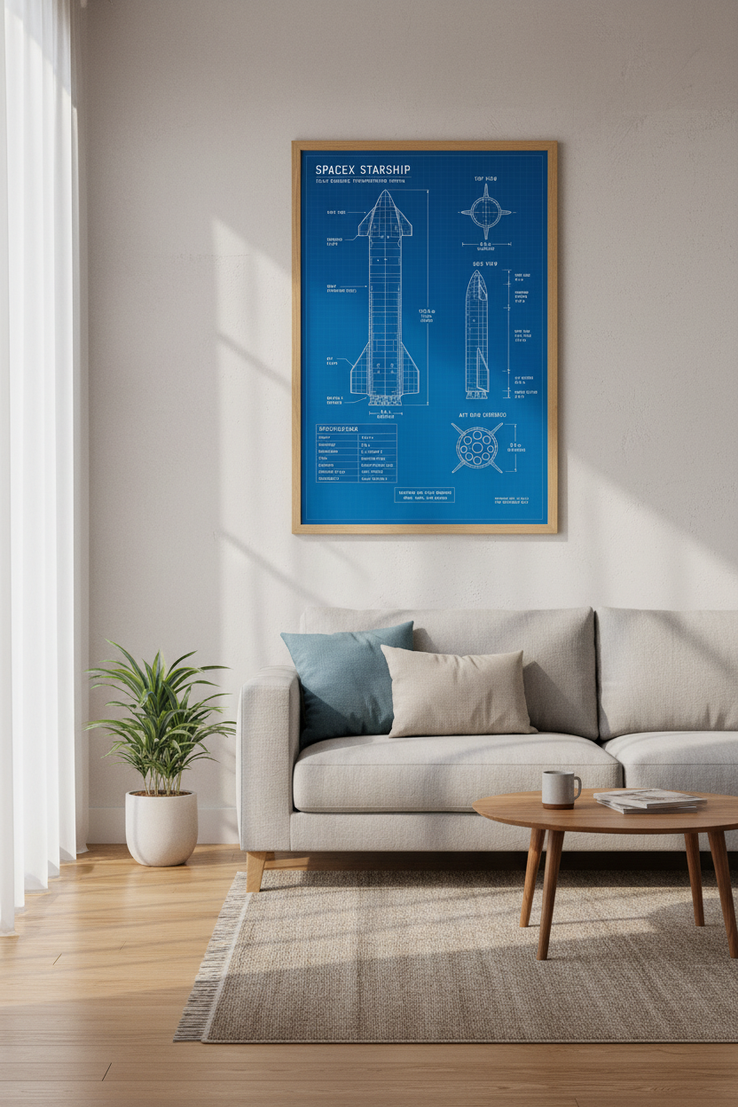 SpaceX Starship Blueprint Wall Art | Office Decor | Modern Technical Poster