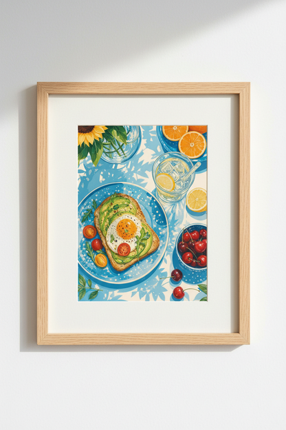 Colorful Kitchen Wall Art | Breakfast Avocado Toast Poster, Blue &amp; Yellow Dining Decor